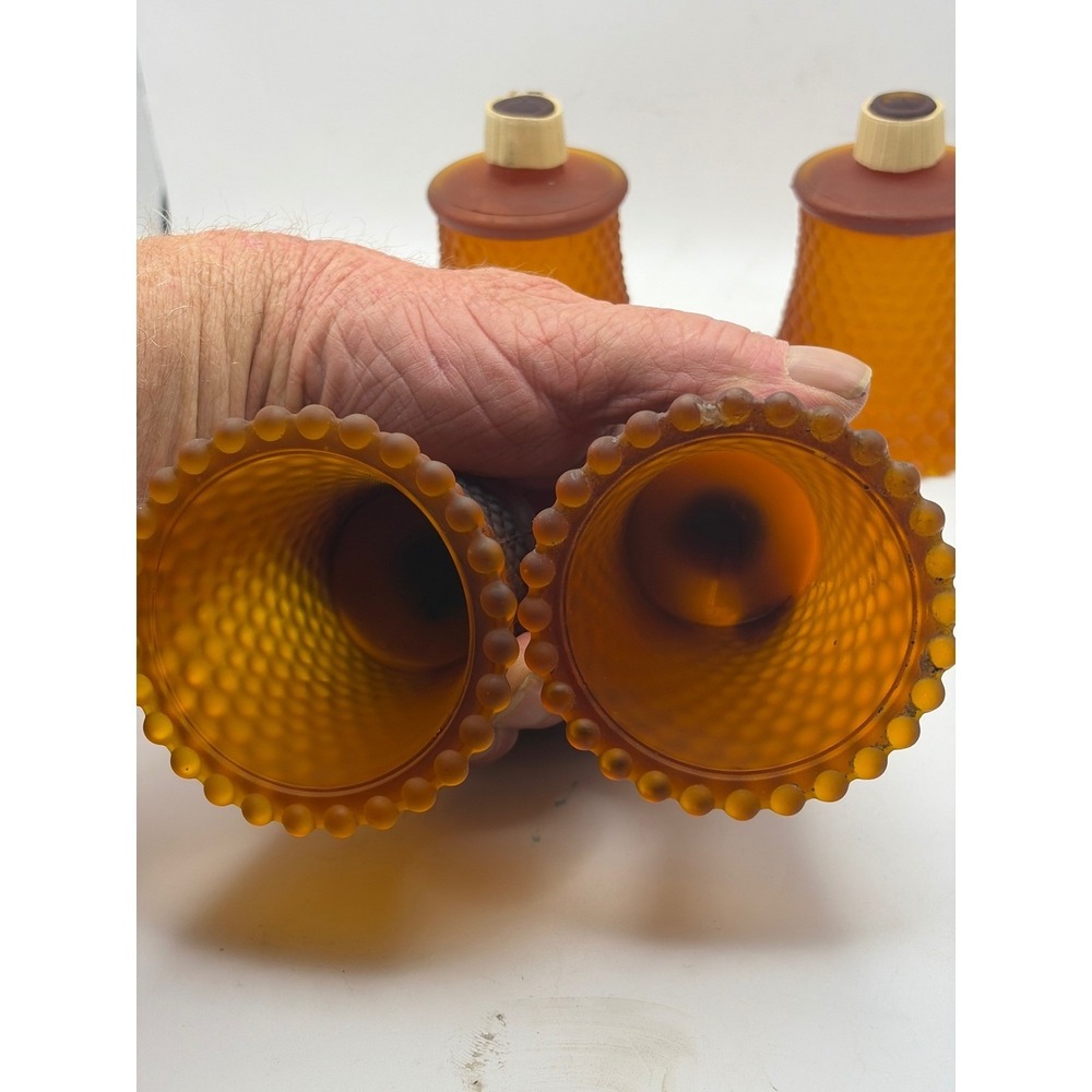 Vintage Satin Amber Cadmium Hobnail Glass Peg Candle VotiveSet of 4 UV‎ Glow 2nd - Picture 5 of 8